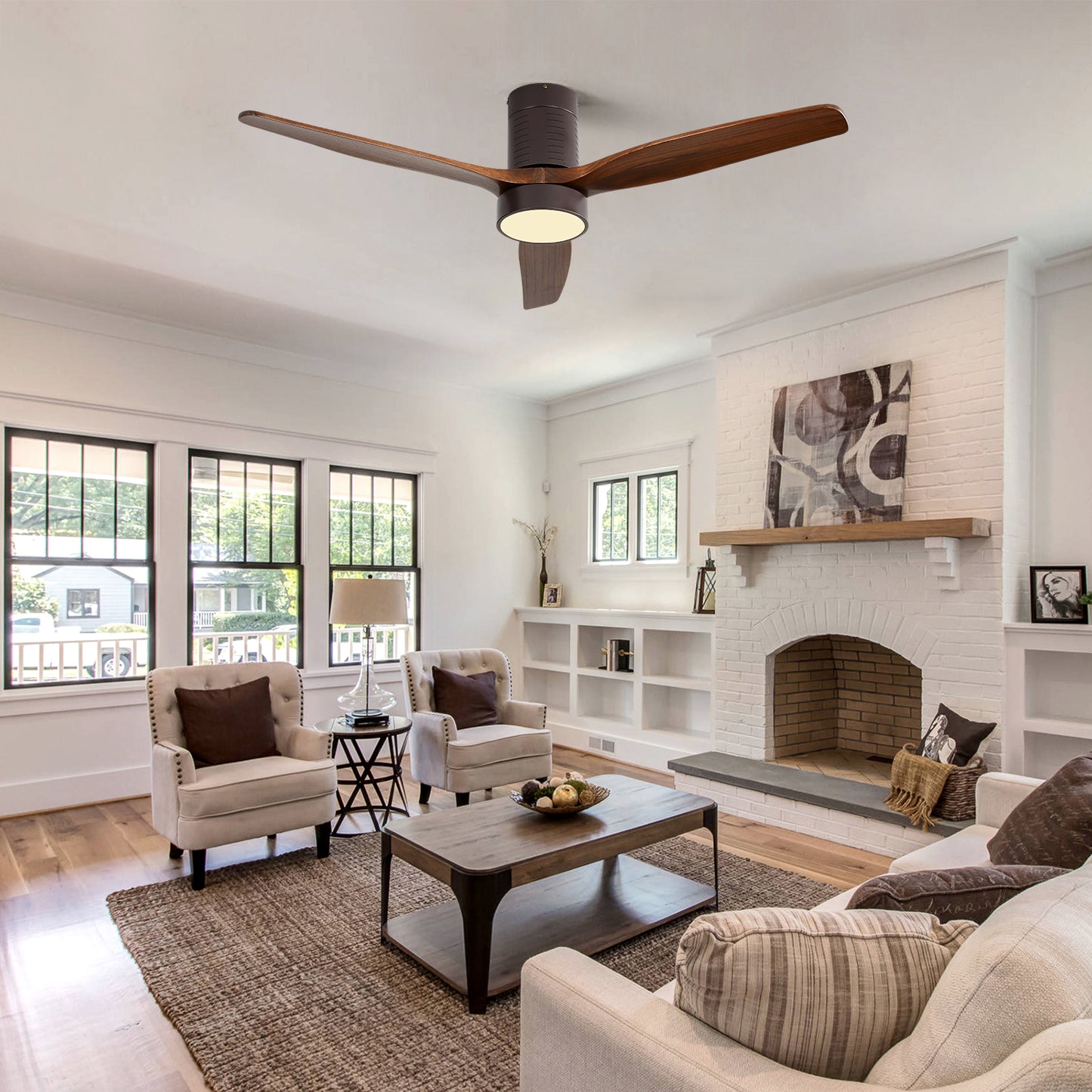 52 Inch Indoor Flush Mount Ceiling Fan with LED Light and Remote Control