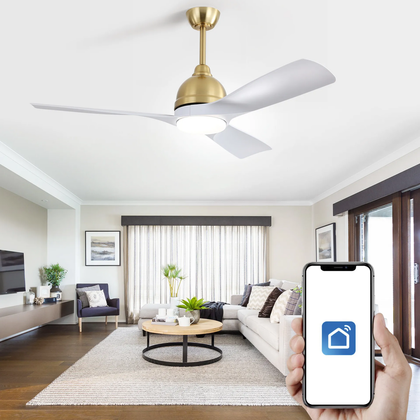 54 Inch White ABS Ceiling Fan 6 Speed Smart Remote Control Dimmable Reversible DC Motor For Living Room