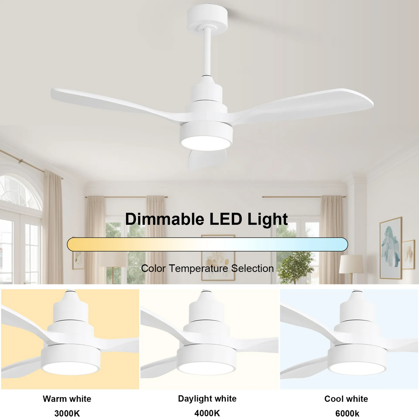 48 Inch Indoor Wood Ceiling Fan With 3 Solid Wood Blades Remote Control Reversible DC Motor For Living Room