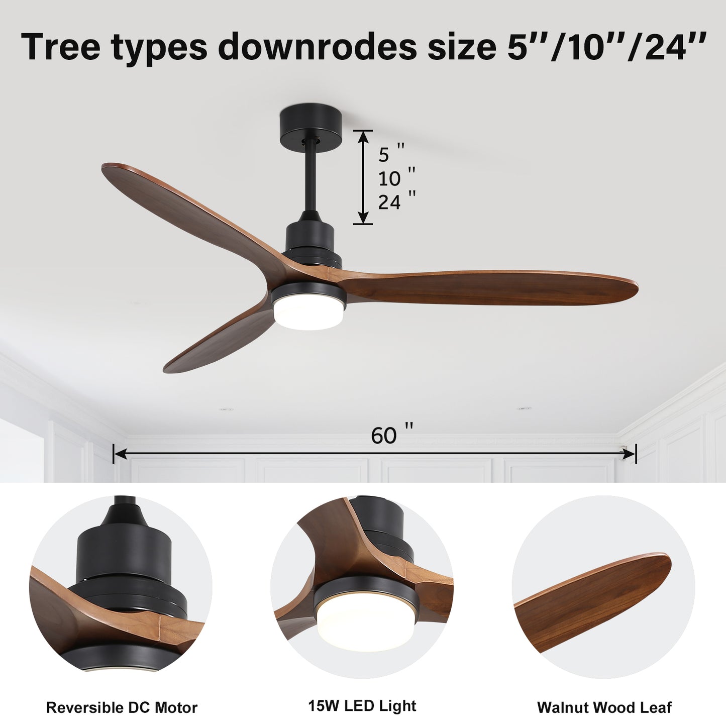 60 Inch Ceiling Fan With Lights 3 Solid Wood Fan Blade Noiseless Reversible Motor Remote Control