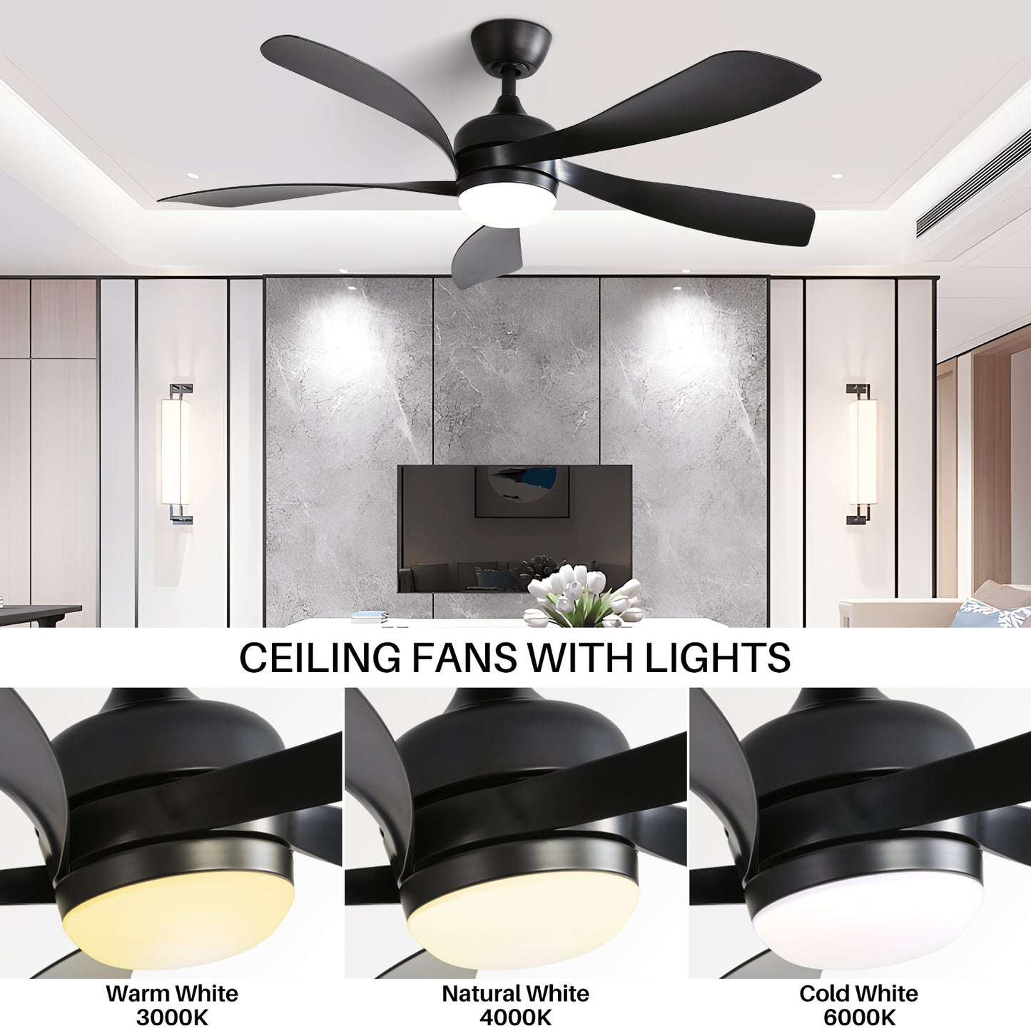 52 Inch Low Profile Ceiling Fan with Lights Remote Control,Quiet DC Motor for Patio Living Room