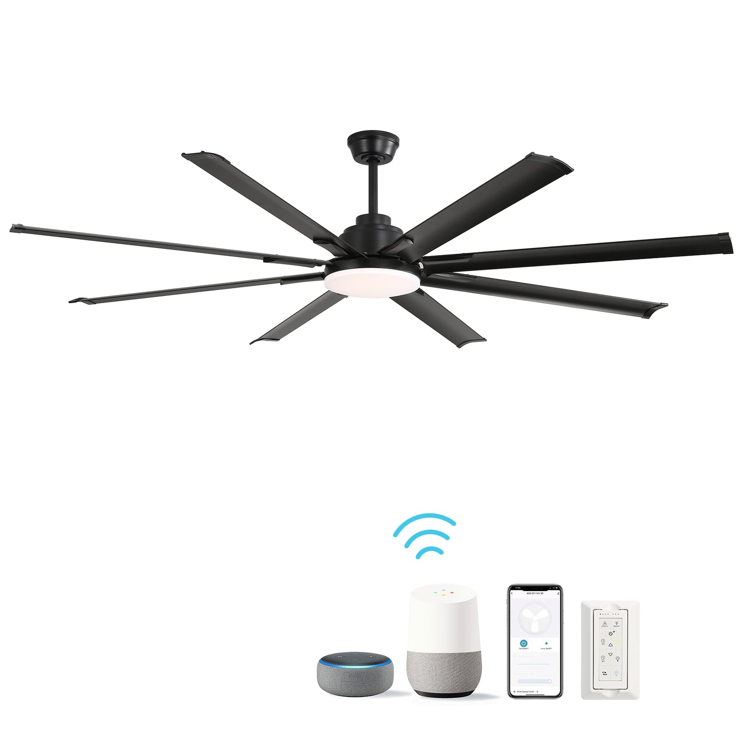 76 Inch Ceiling Fan with Lights Remote Control 8 Solid Wood Blades with 18W Dimmable LED Light
