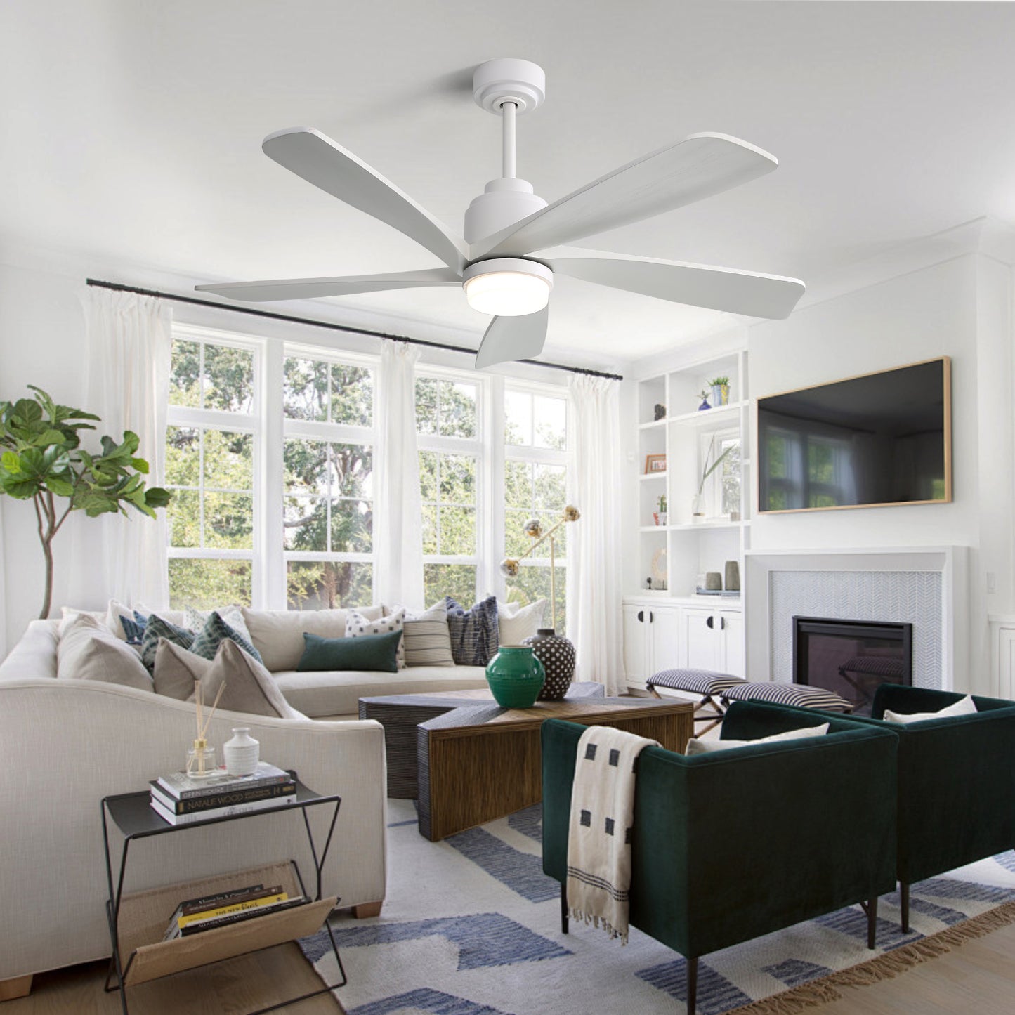 52 Inch Modern Ceiling Fan With Dimmable LED Light 5 Solid Wood Blades Remote Control Reversible DC Motor With Smart APP Control
