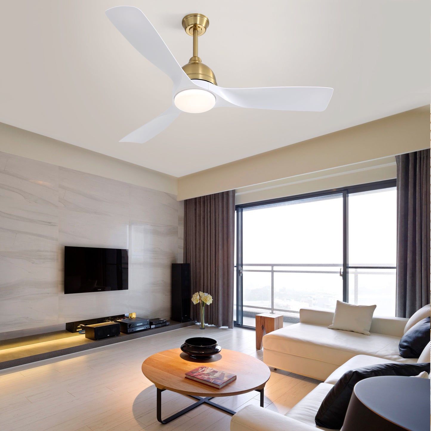 54 Inch White ABS Ceiling Fan 6 Speed Smart Remote Control Dimmable Reversible DC Motor For Living Room
