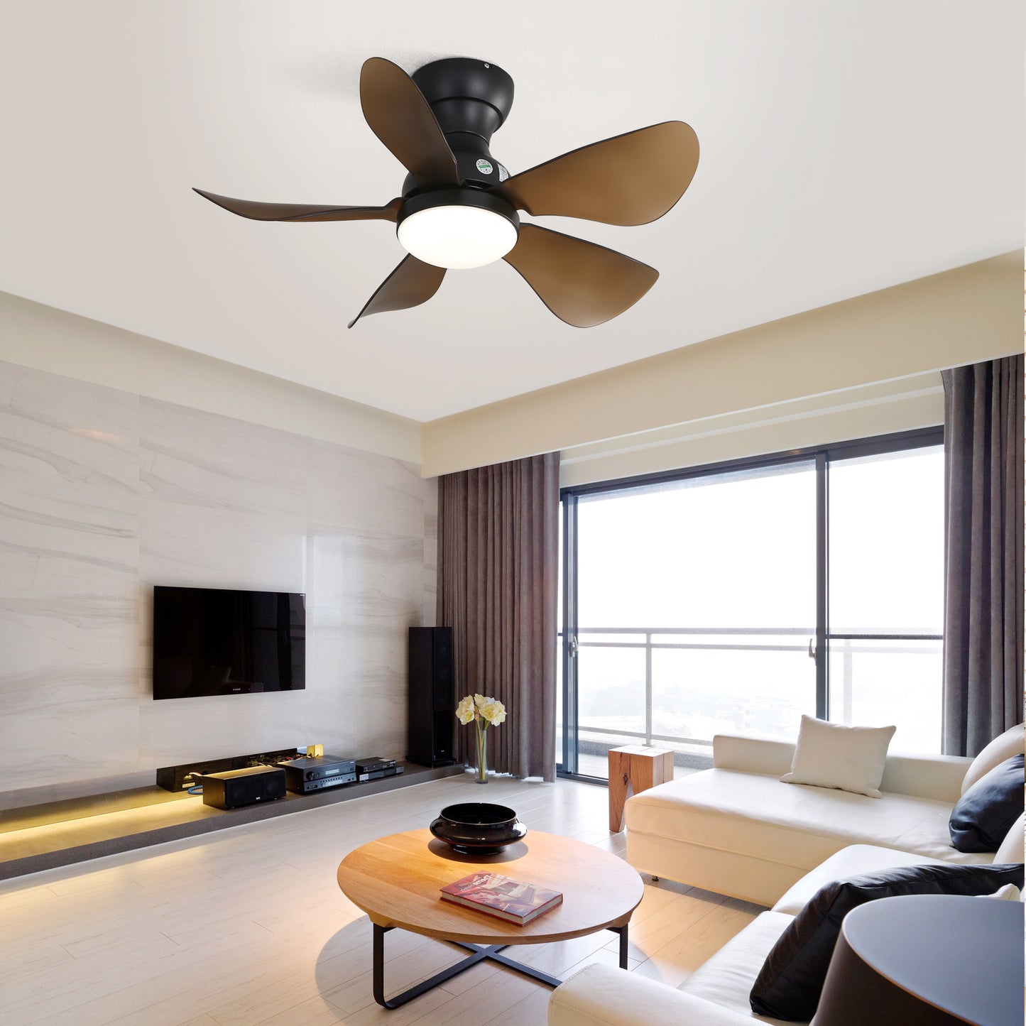 29 lnch Small Ceiling Fan Flush Mount 5 Reversible ABS Blades with LED Dimmable Light