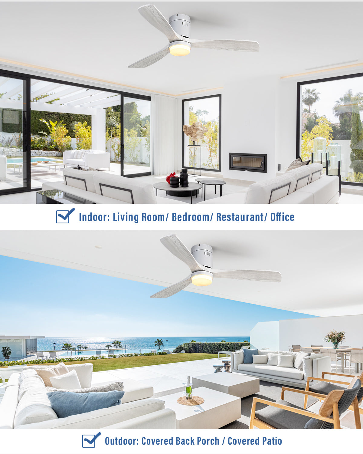 52 Inch Indoor Ceiling Fan With Lights 3 Solid Wood Fan Blade Noiseless Reversible Motor Remote Control With Light
