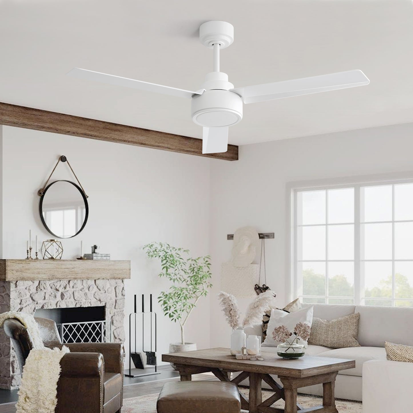 52" Outdoor Ceiling Fan Without Light, 3 ABS Blades Farmhouse Ceiling Fan with Remote Control 6-speed Reversible DC Motor Black for Living Room, Bedroom, Kitchen