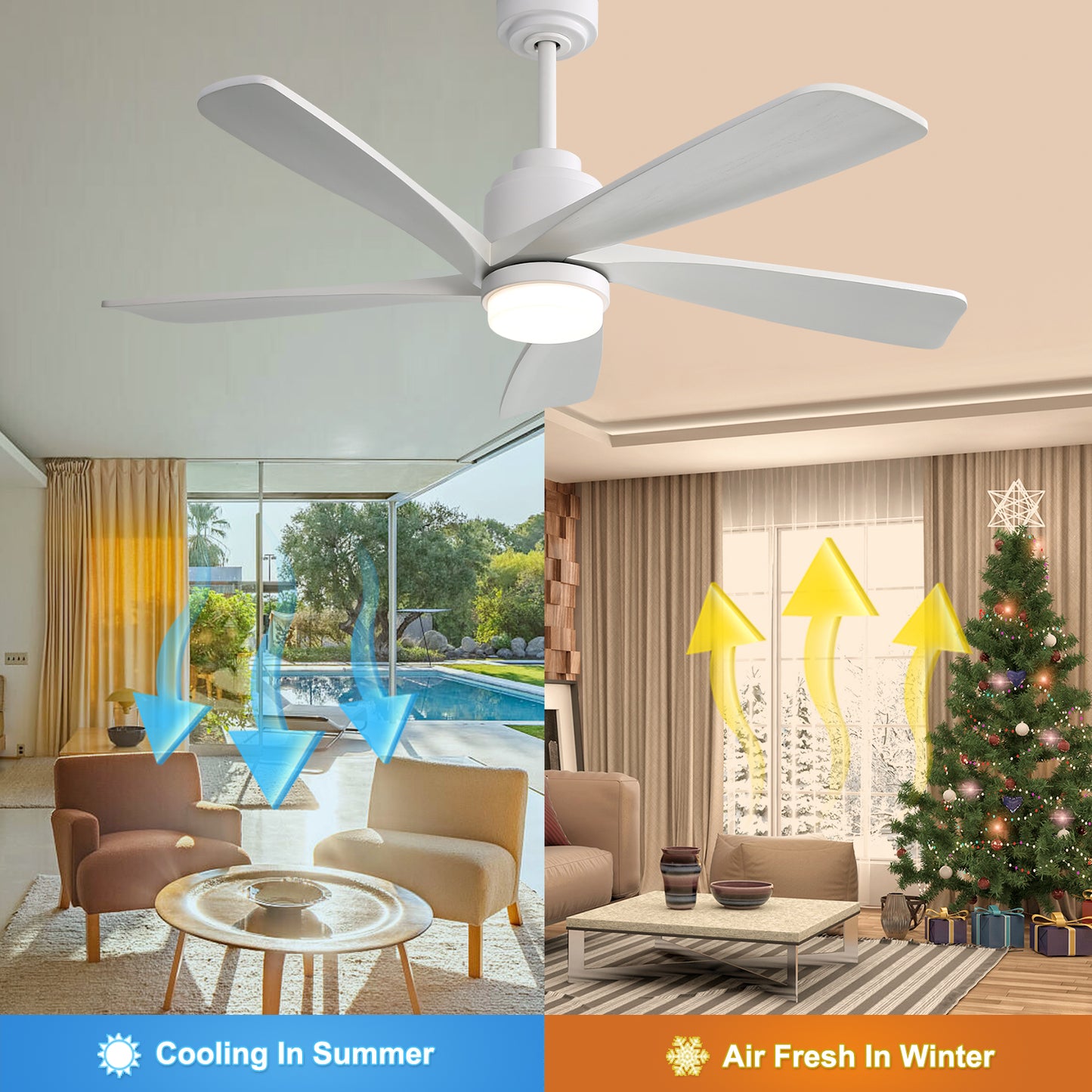 52 Inch Modern Ceiling Fan With Dimmable LED Light 5 Solid Wood Blades Remote Control Reversible DC Motor With Smart APP Control
