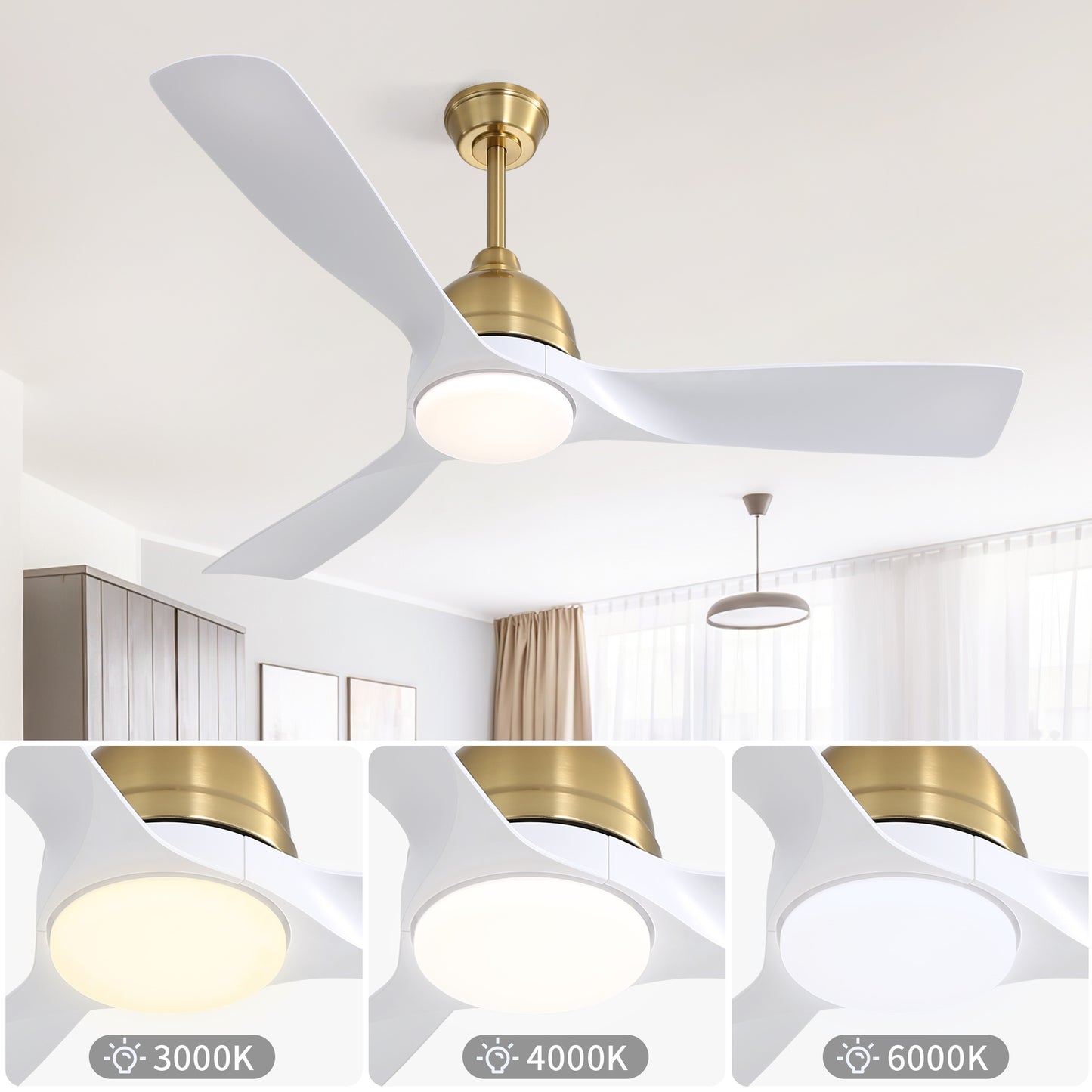 54 Inch White ABS Ceiling Fan 6 Speed Smart Remote Control Dimmable Reversible DC Motor For Living Room