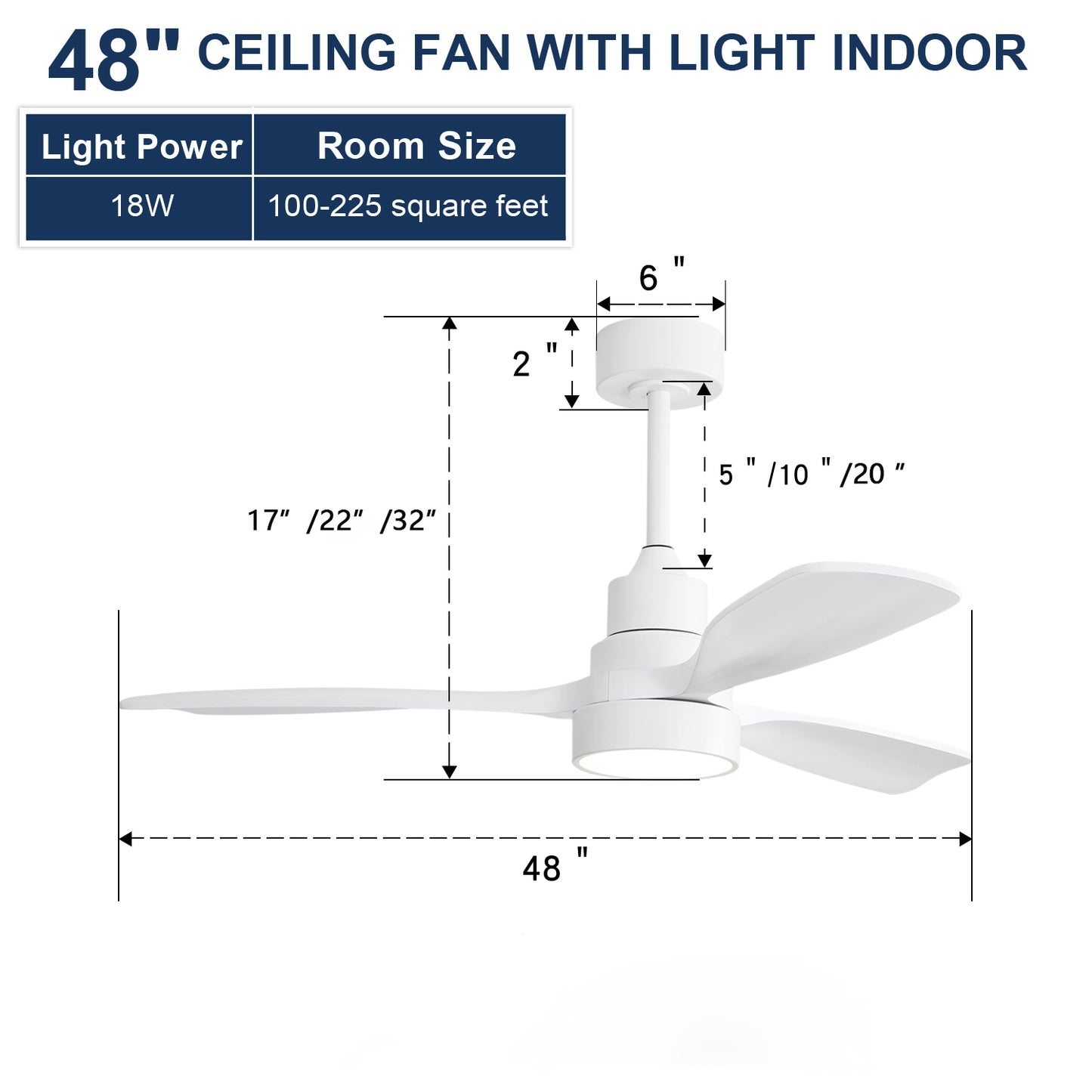 48 Inch Indoor Wood Ceiling Fan With 3 Solid Wood Blades Remote Control Reversible DC Motor For Living Room