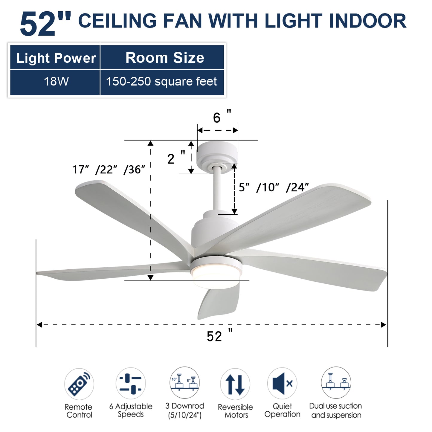 52 Inch Modern Ceiling Fan With Dimmable LED Light 5 Solid Wood Blades Remote Control Reversible DC Motor With Smart APP Control