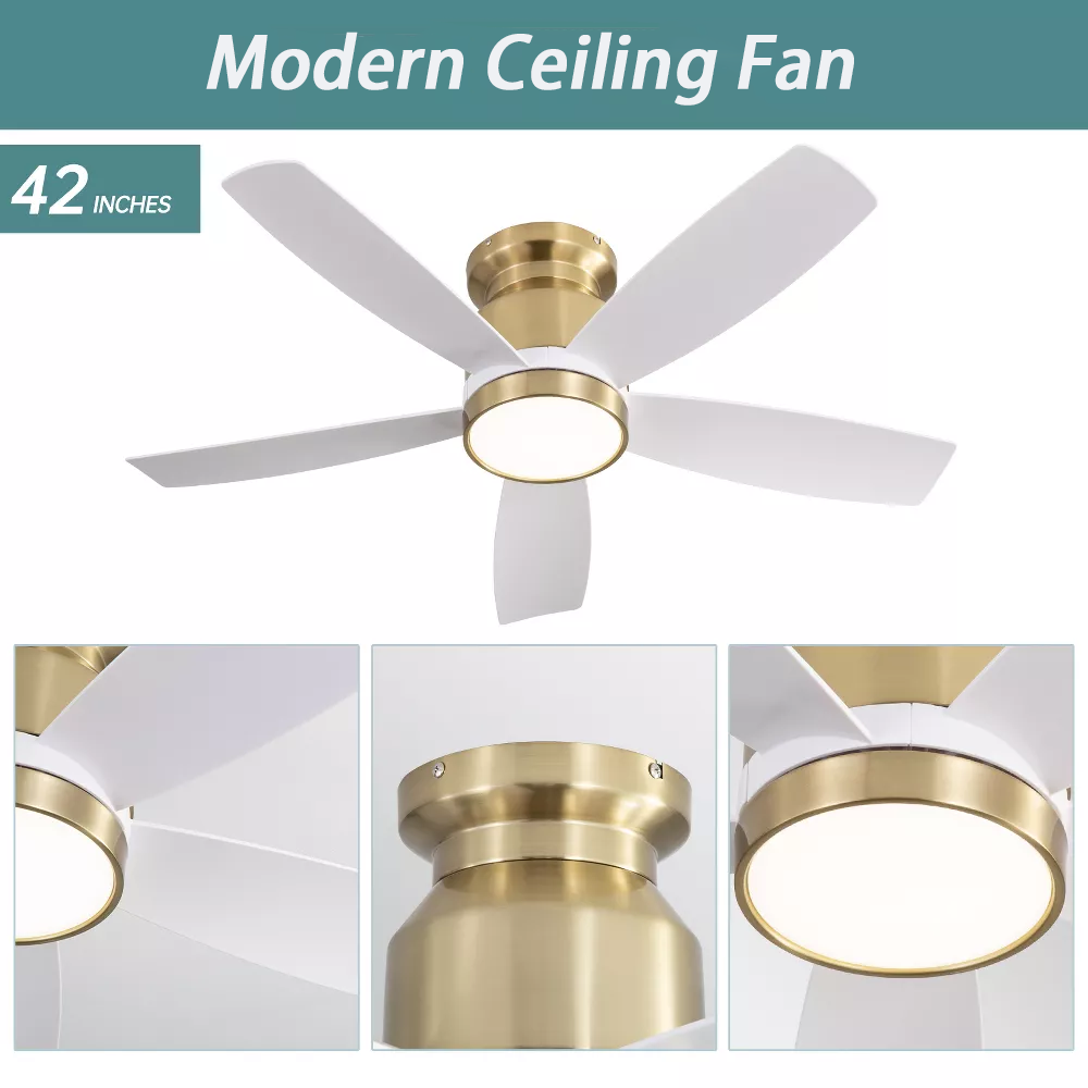 42 Inch Flush Mount Ceiling Fans with LED Light 18W and Remote Control 5 ABS Fan Blades for Bedroom Dining Room