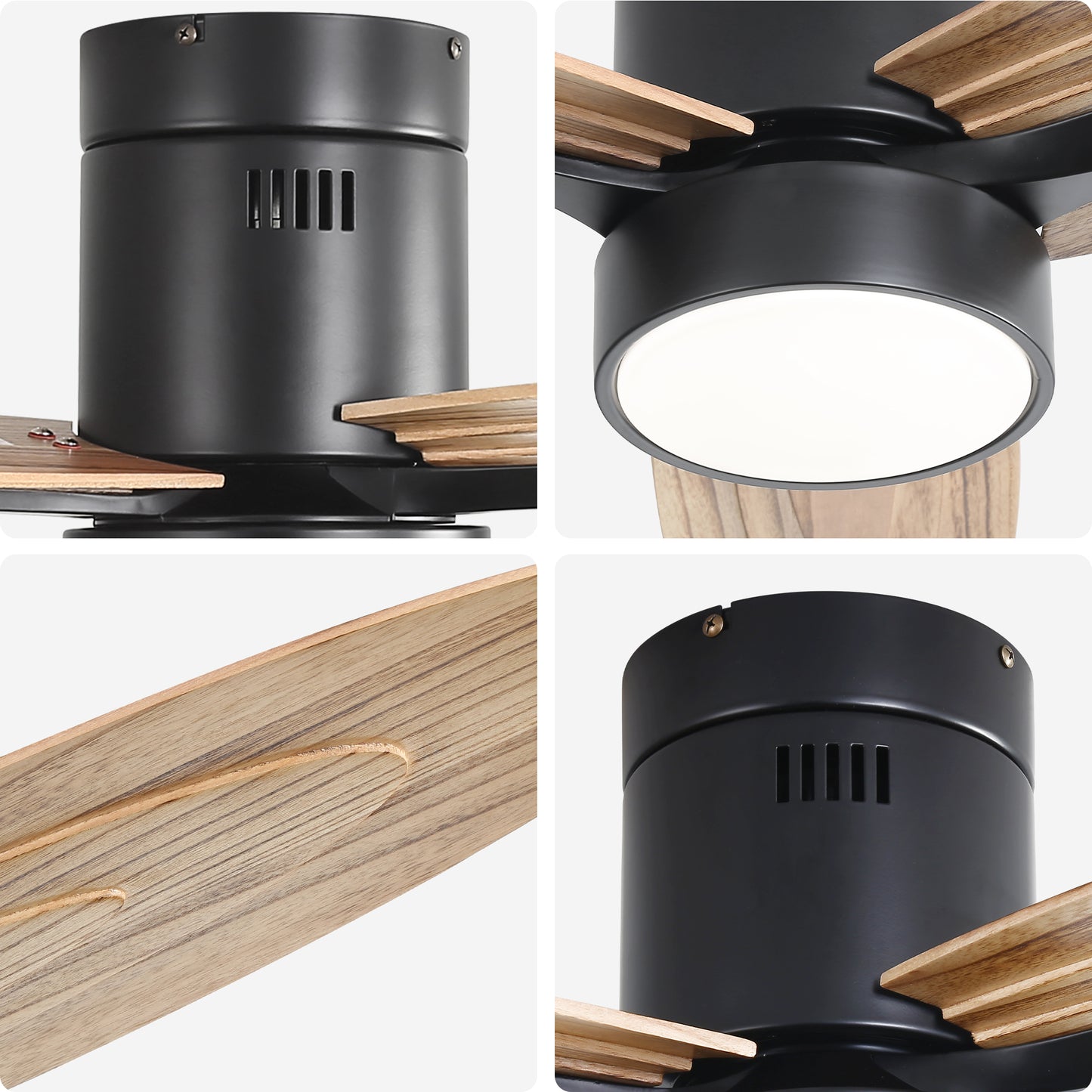 56 Inch Modern Design Flush Mount Ceiling Fan with Light and Remote Control, 3 Solid Wood Blades Reversible DC Motor Black for Living Room