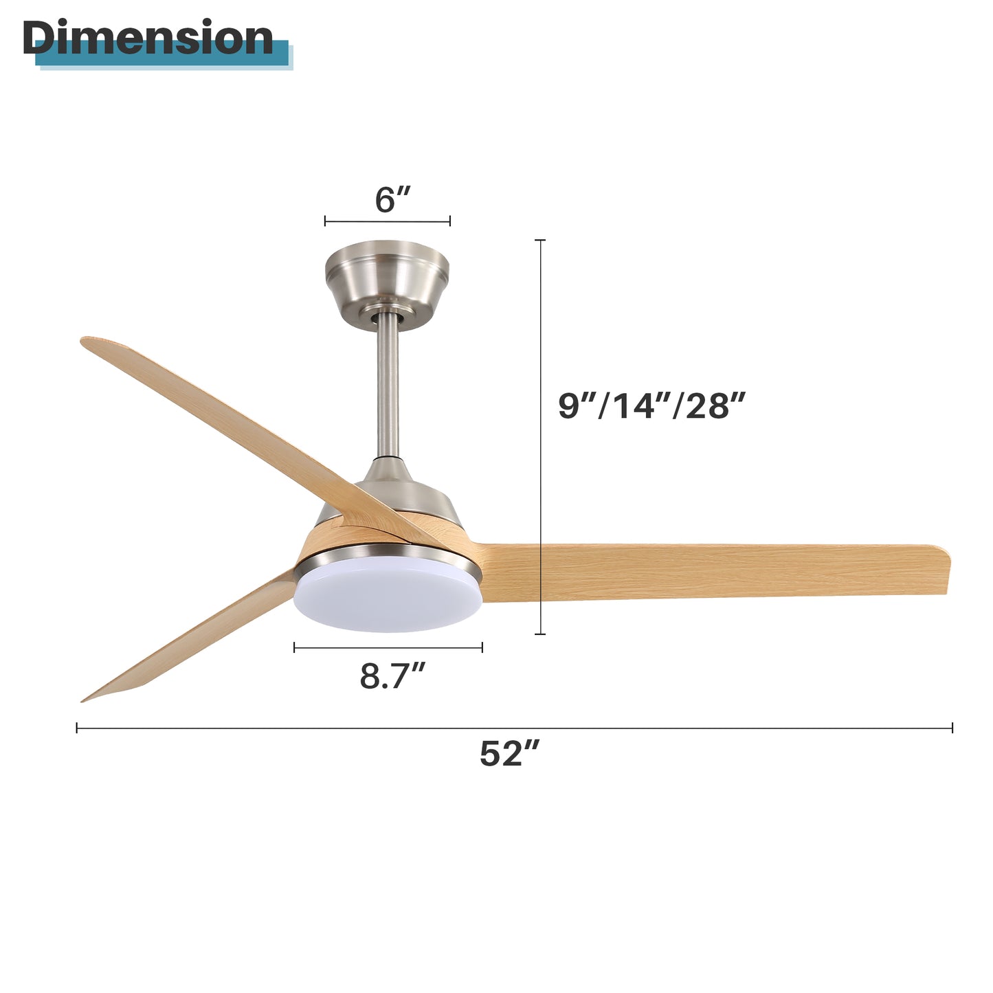 52 Inch Ceiling Fan with 22W LED Light and Remote Control 5 ABS Blades for Living Room