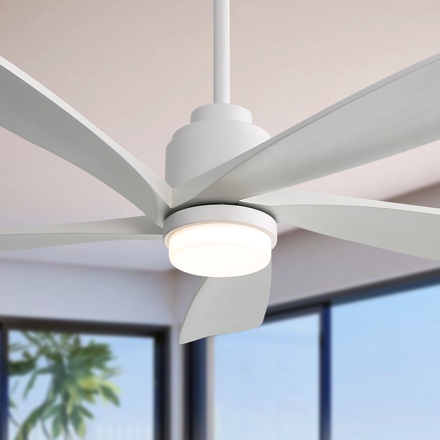 52 Inch Modern Ceiling Fan With Dimmable LED Light 5 Solid Wood Blades Remote Control Reversible DC Motor With Smart APP Control