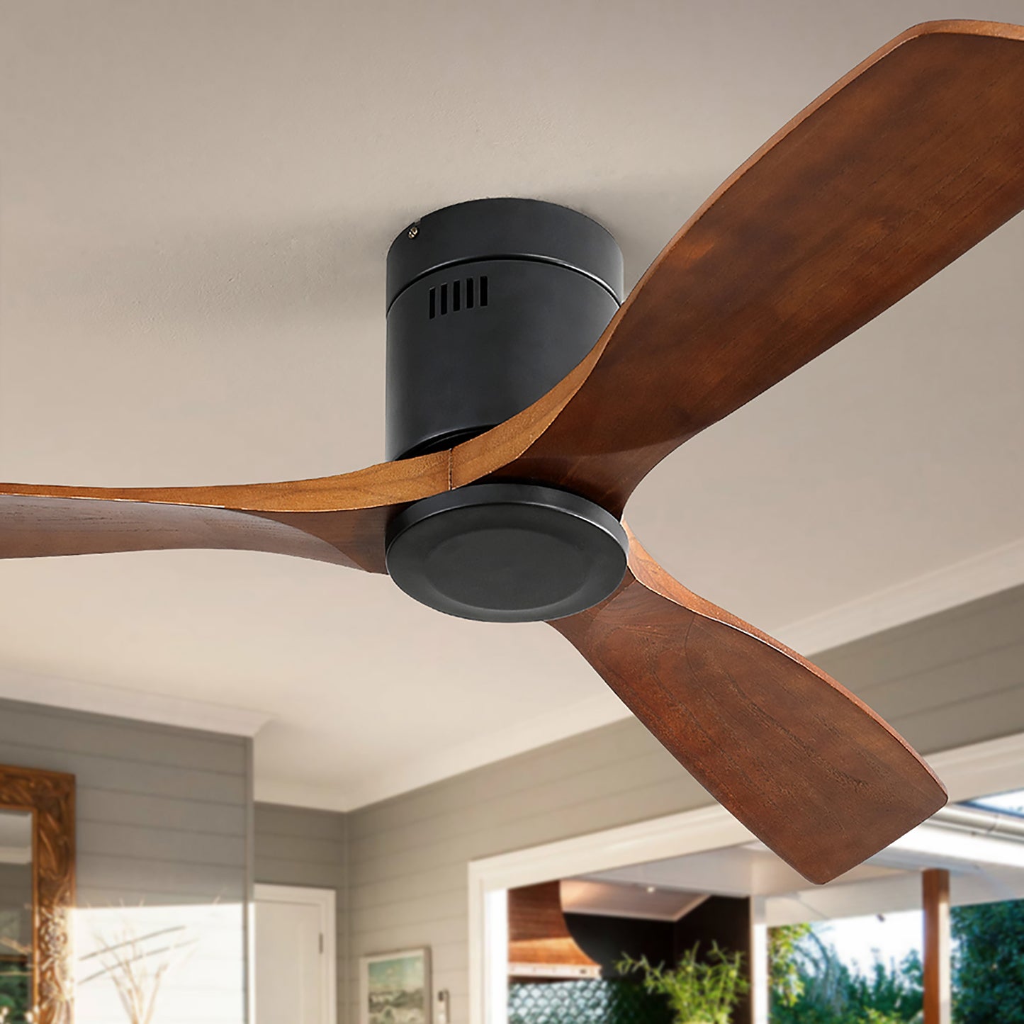 52 Inch Low Profile Ceiling Fan DC 3 Carved Wood Fan Blade Noiseless Reversible Motor Remote Control Without Light