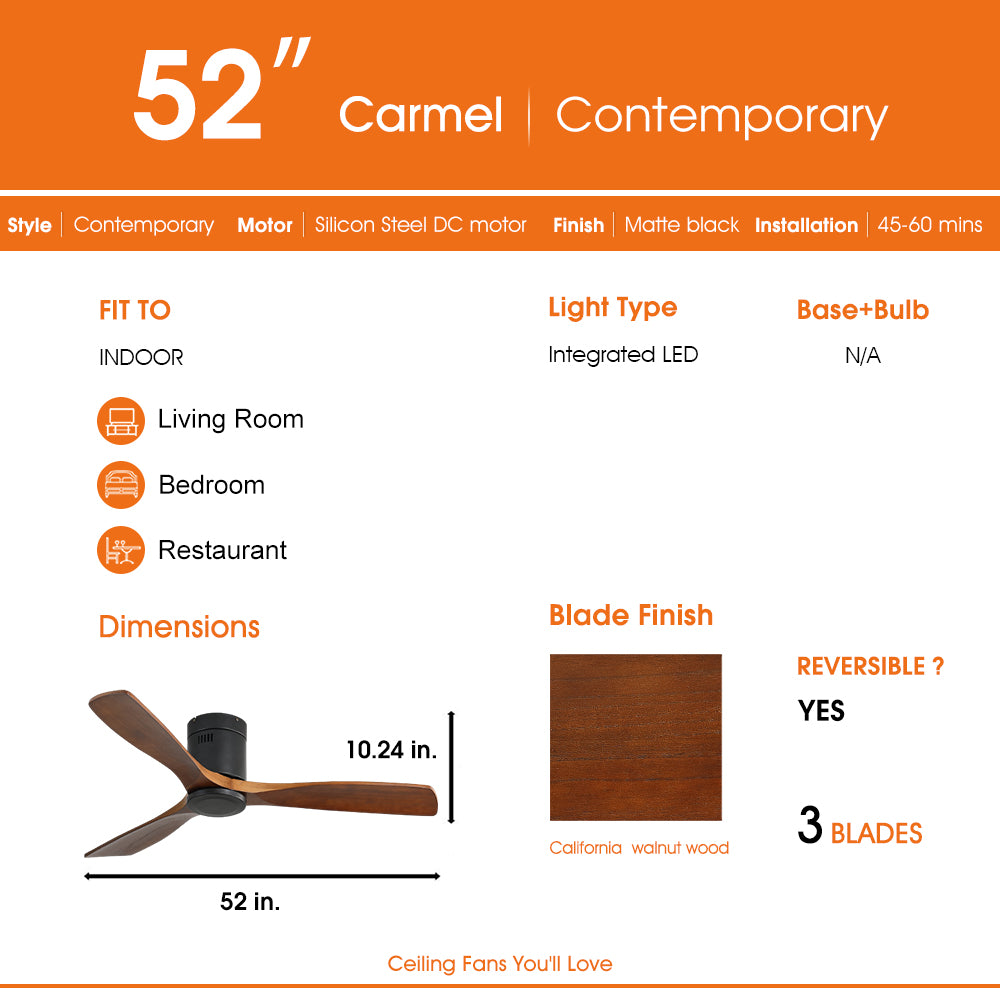 52 Inch Low Profile Ceiling Fan DC 3 Carved Wood Fan Blade Noiseless Reversible Motor Remote Control Without Light