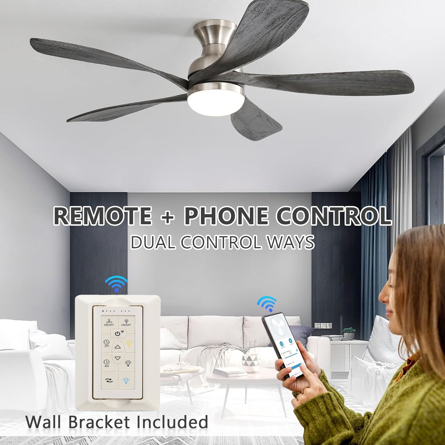 52 Inch Ceiling Fan with Dimmable 3 Colors LED Light Reversible Noiseless DC Motor Smart APP Remote Control