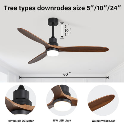60 Inch Ceiling Fan With Lights 3 Solid Wood Fan Blade Noiseless Reversible Motor Remote Control