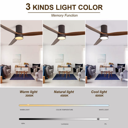 52 Inch Indoor Flush Mount Ceiling Fan with LED Light and Remote Control