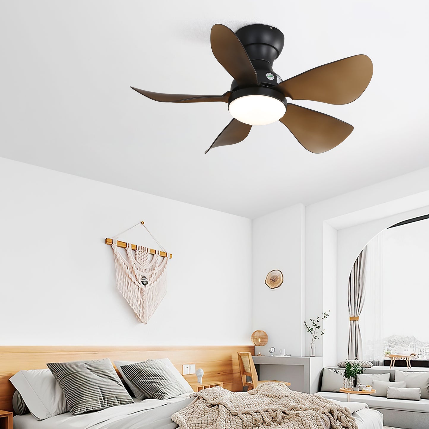 29 lnch Small Ceiling Fan Flush Mount 5 Reversible ABS Blades with LED Dimmable Light