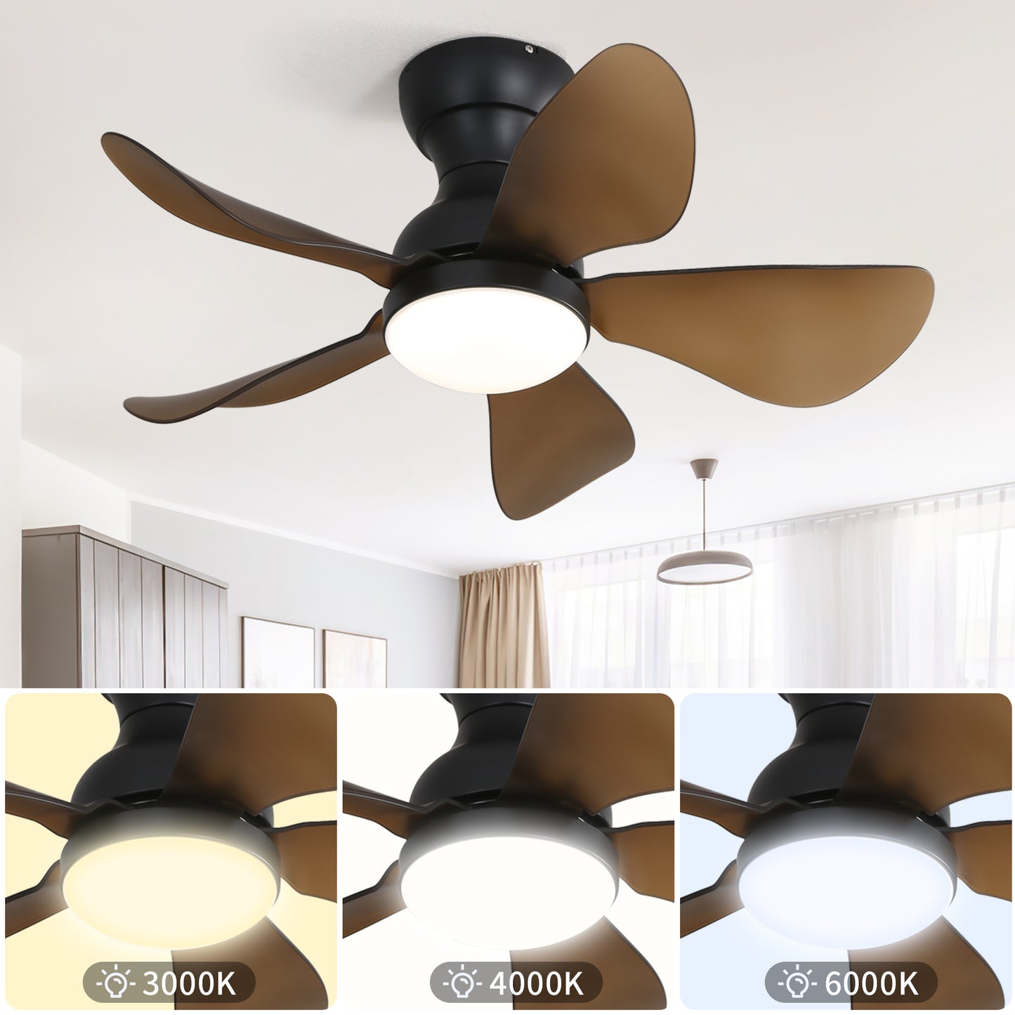 29 lnch Small Ceiling Fan Flush Mount 5 Reversible ABS Blades with LED Dimmable Light