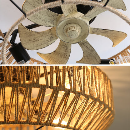 22 Inch New Boho Caged Ceiling Fan With Enclosed Rattan 6 Speeds Remote Control Reversible DC Motor For Living Room