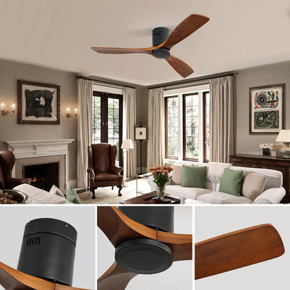 52 Inch Low Profile Ceiling Fan DC 3 Carved Wood Fan Blade Noiseless Reversible Motor Remote Control Without Light