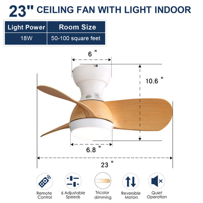 23 Inch Mini Led Ceiling Fan With 3 Color Dimmable 3 ABS Blades Remote Control DC Motor For Bedroom