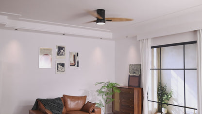 56 Inch Modern Design Flush Mount Ceiling Fan with Light and Remote Control, 3 Solid Wood Blades Reversible DC Motor Black for Living Room